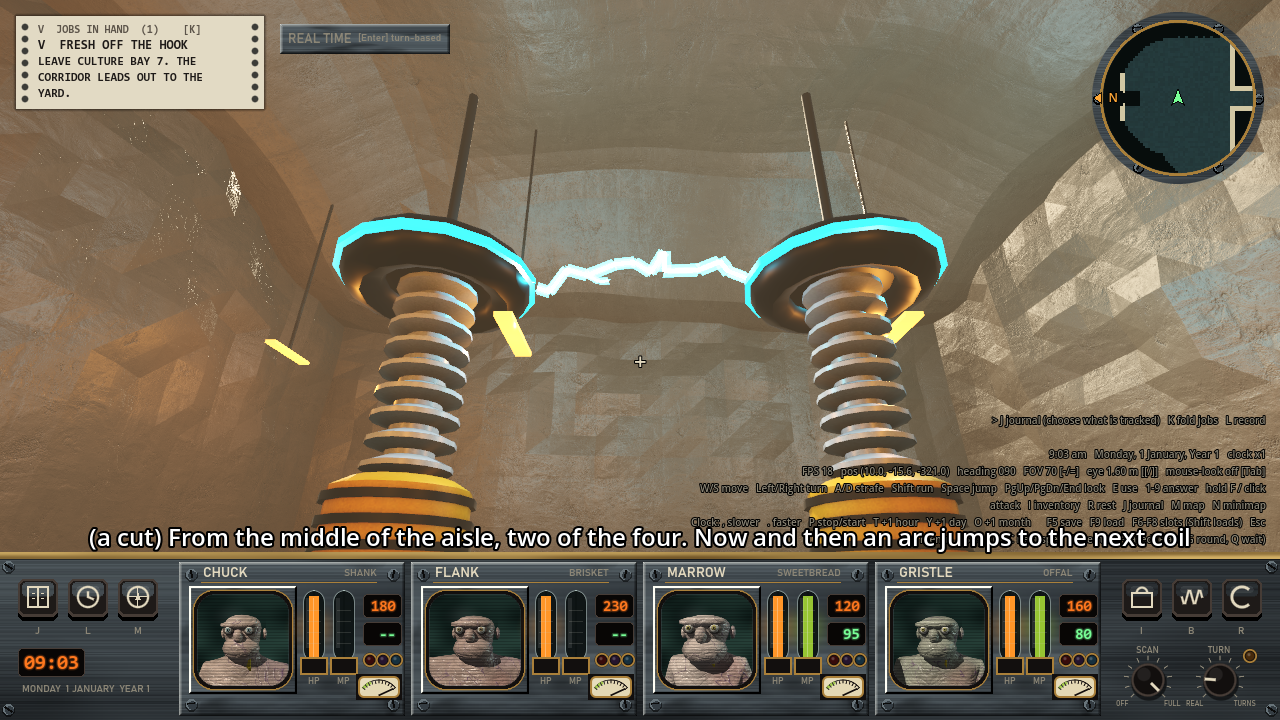 Two tall ribbed coils side by side in a tan stone hall, each with a glowing cyan ring at the top. A white zigzag joins the two rings.