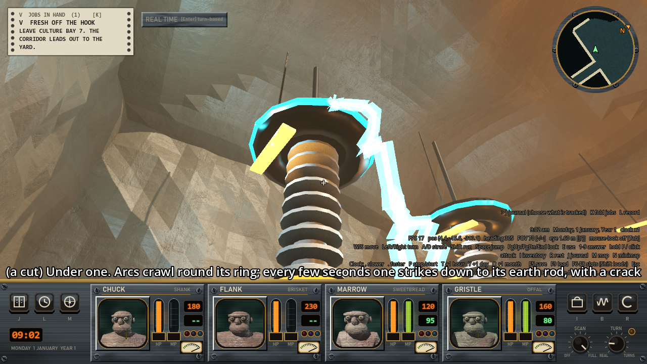 A tall ribbed coil seen from below in a tan stone hall. A bright white and cyan zigzag runs from the glowing ring at its top down and to the right.