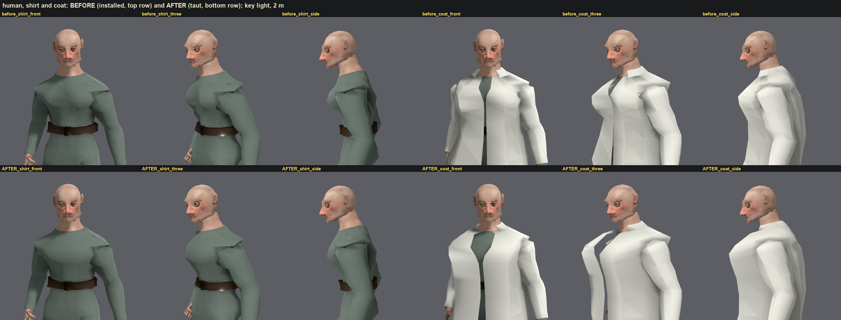 Two rows of a bald man in a green shirt and then a white lab coat, from the front, three quarters and the side. In the top row the chest has two swells and a fold under them. In the bottom row the shirt is flatter and the coat's front hangs straight down from the chest.