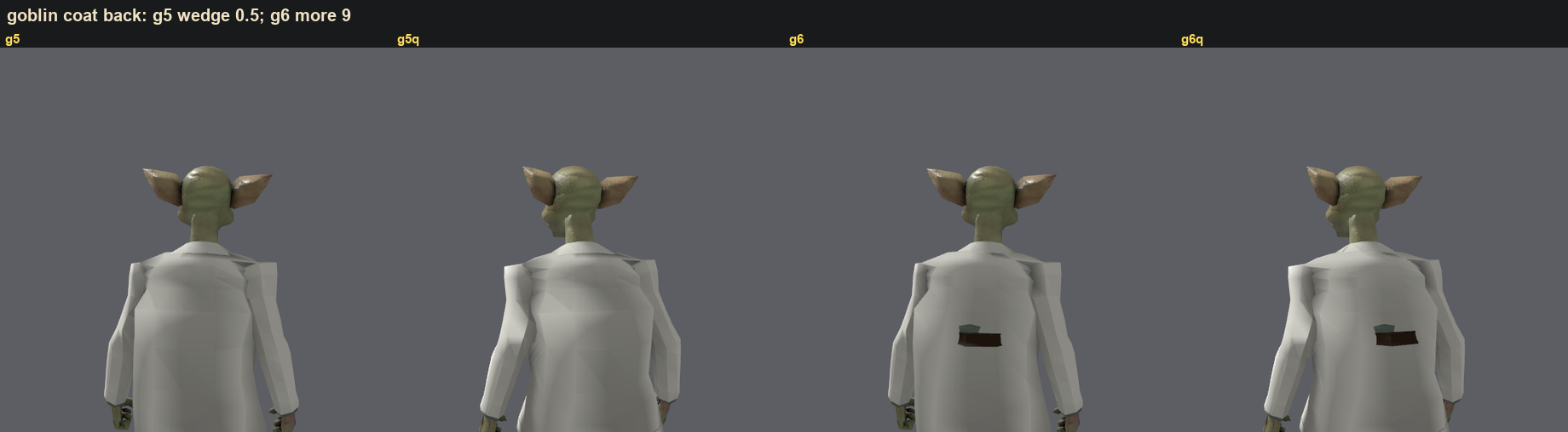 Four views of a goblin in a white lab coat seen from behind. The two on the left have a clean back. The two on the right have a small dark rectangle at the waist.