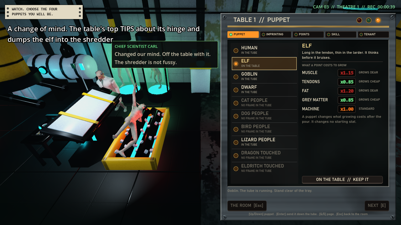 An operating table tilted toward a tray full of rollers, with a pale figure with one arm raised sliding off it, and a menu of races on the right.