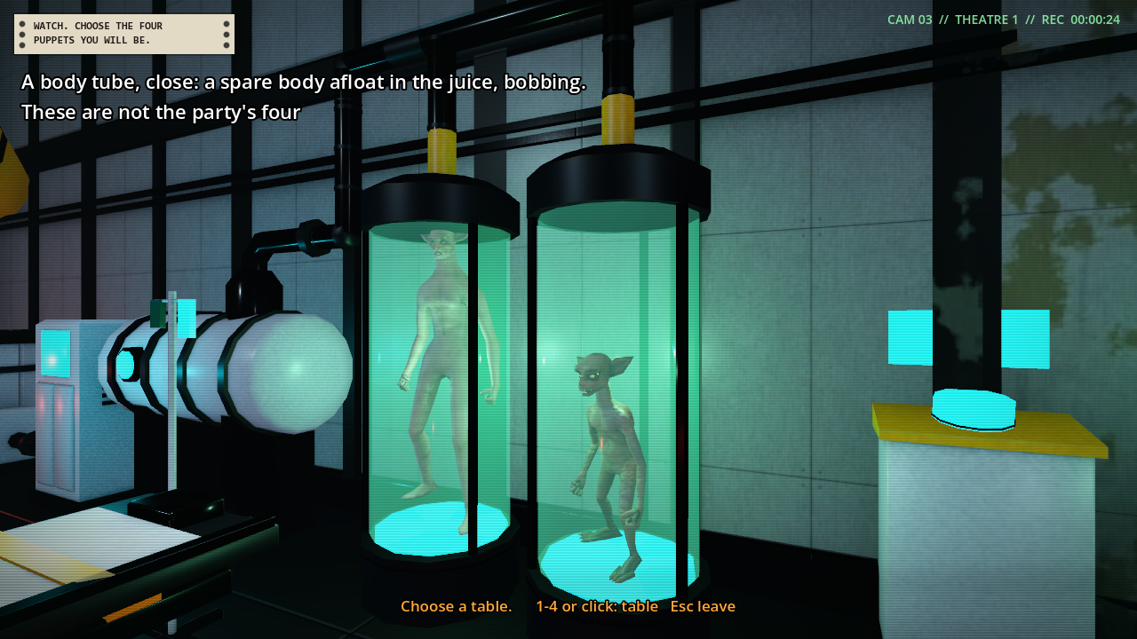Two glass cylinders of green liquid, each with a pale humanoid figure standing in it, with a black pipe above each one and a white pressure vessel on the left.