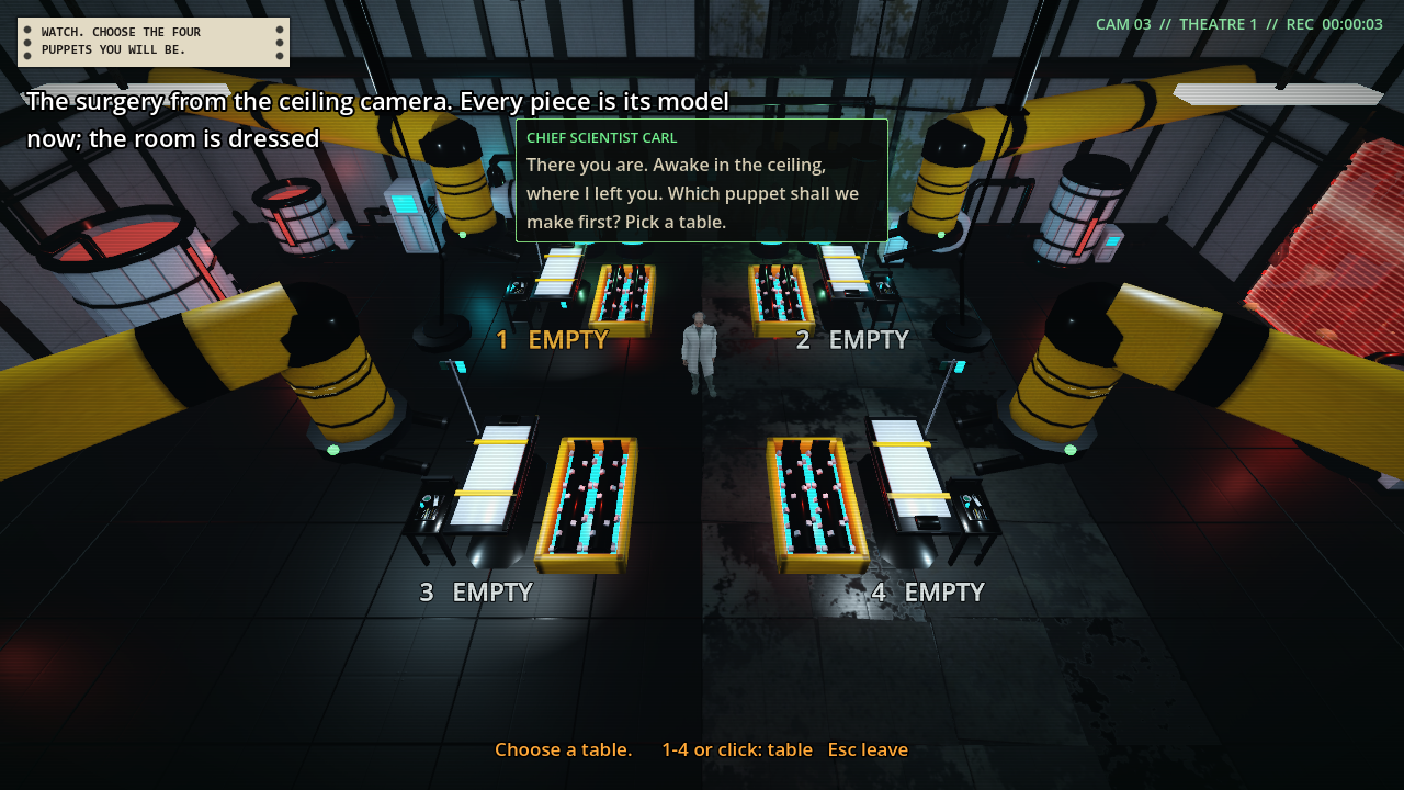 A dark laboratory seen from above with four operating tables, each beside a shredder tray, and thick yellow pipes entering from the corners of the room, with large vats on the left and right.