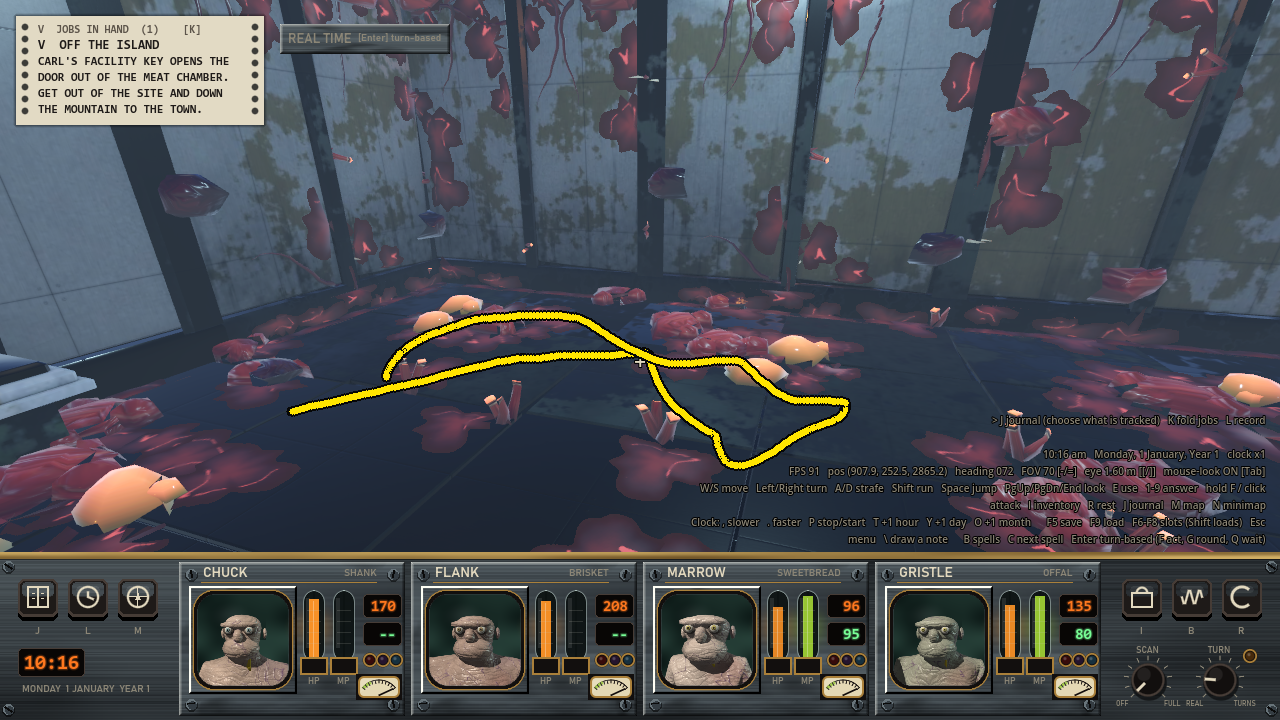 The floor of a tiled cell with patches of red meat on it and a yellow outline drawn on the floor.