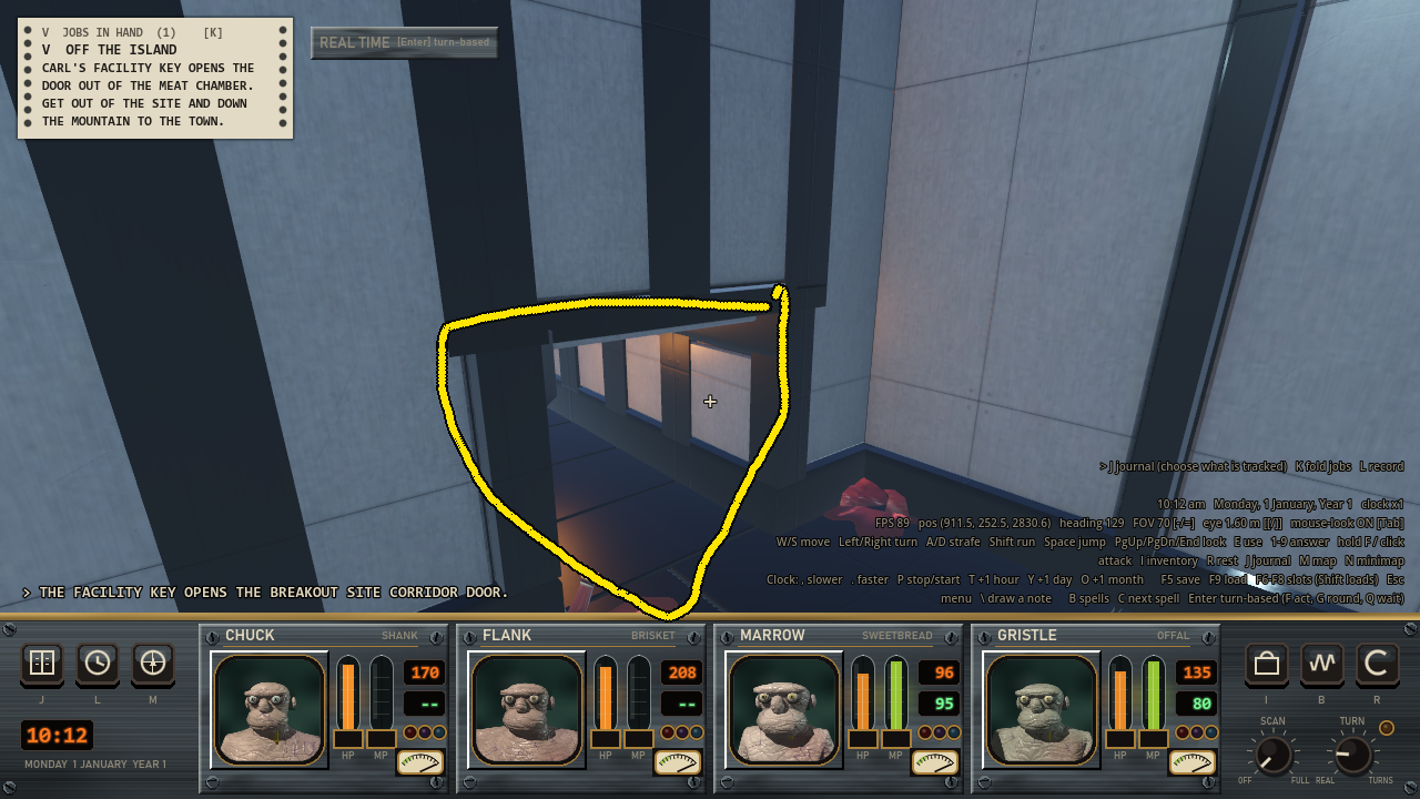 A low opening at the bottom of a tiled wall, circled in yellow.