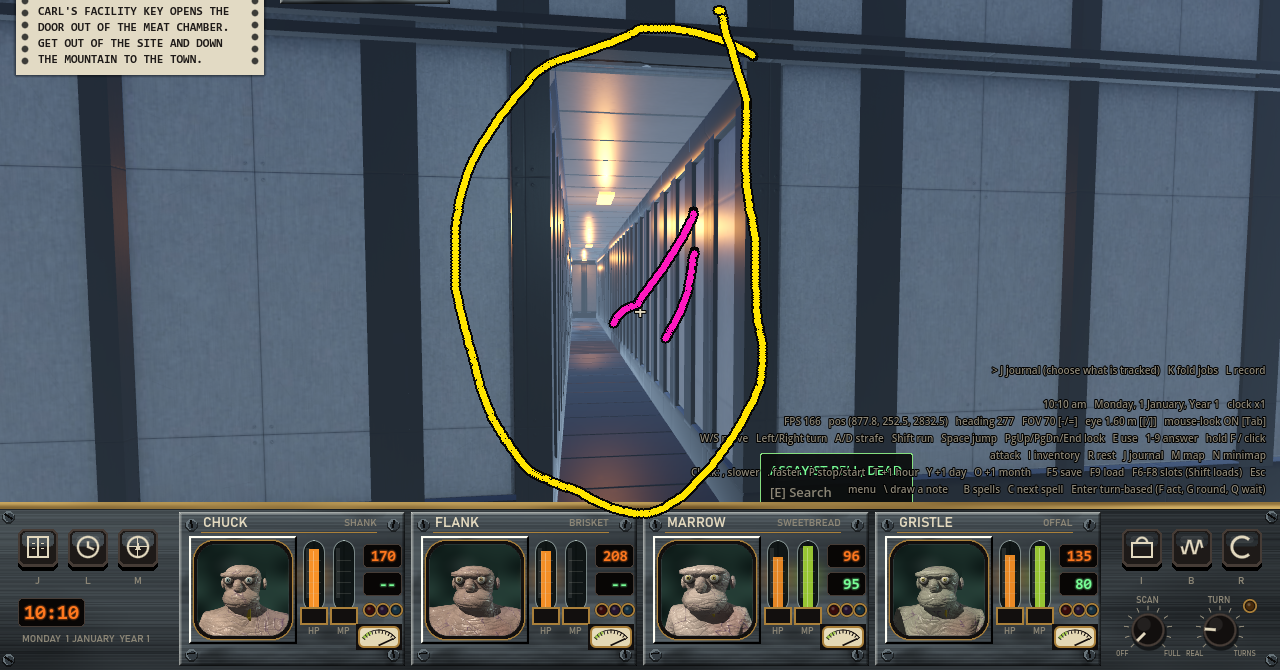 A first-person view of a tiled wall with a narrow lit corridor running away through an opening, which is circled in yellow.