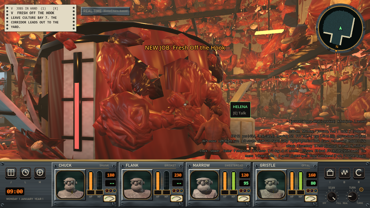 A woman standing upright on the floor beside a large red mass of meat that has burst out of a vat.
