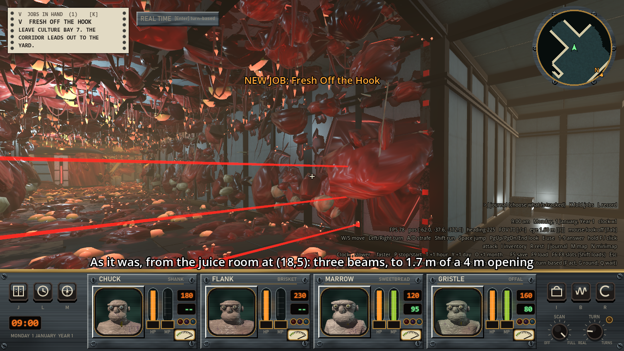 A tall opening between a clean room and a hall of meat, with three thin red beams across its lower half.