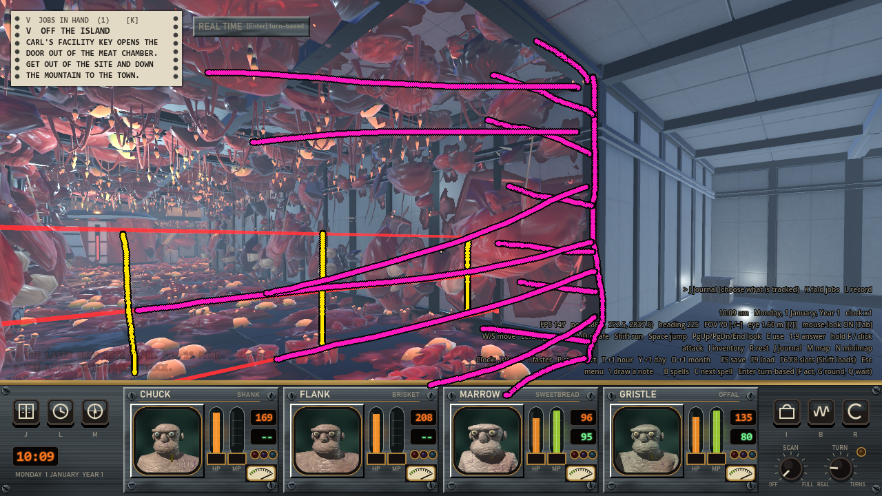 A first-person view from a clean tiled room into a hall full of red meat. Three red beams cross the lower part of the opening, marked with yellow lines, and the whole opening is hatched in magenta.