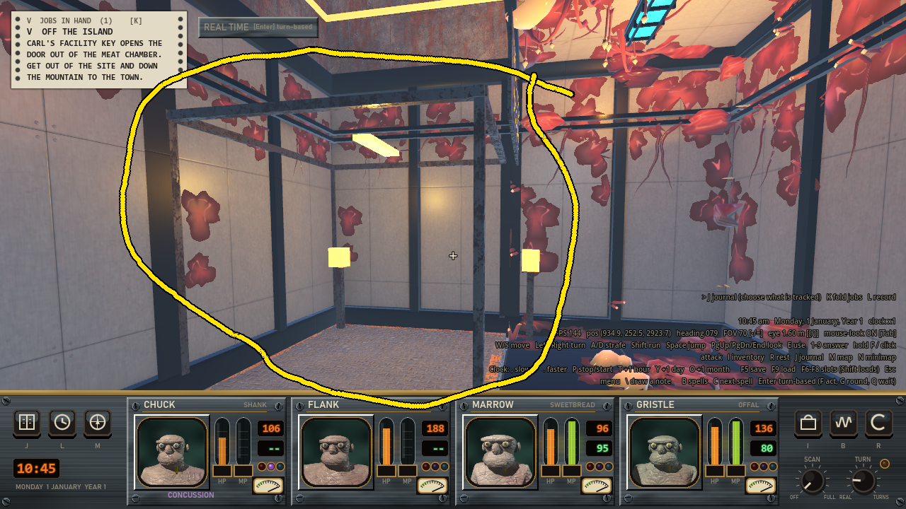 A rusty cage of posts and rails with a grating floor inside a pale panelled room. Two flat yellow squares are on its posts and the whole cage is circled in yellow.
