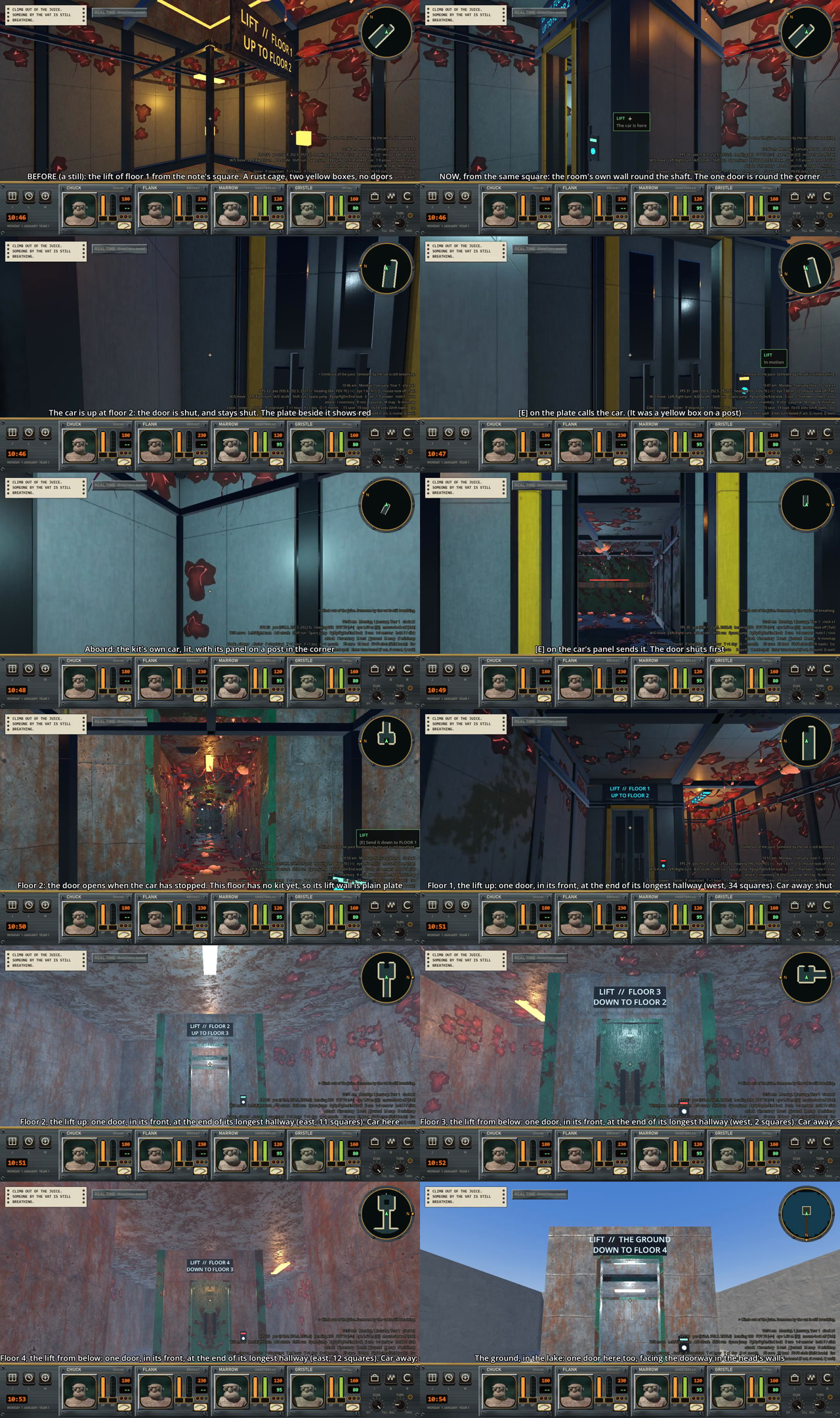 A grid of twelve game screenshots showing a lift cage, then walled lift stops with sliding doors and signs over them on several floors.