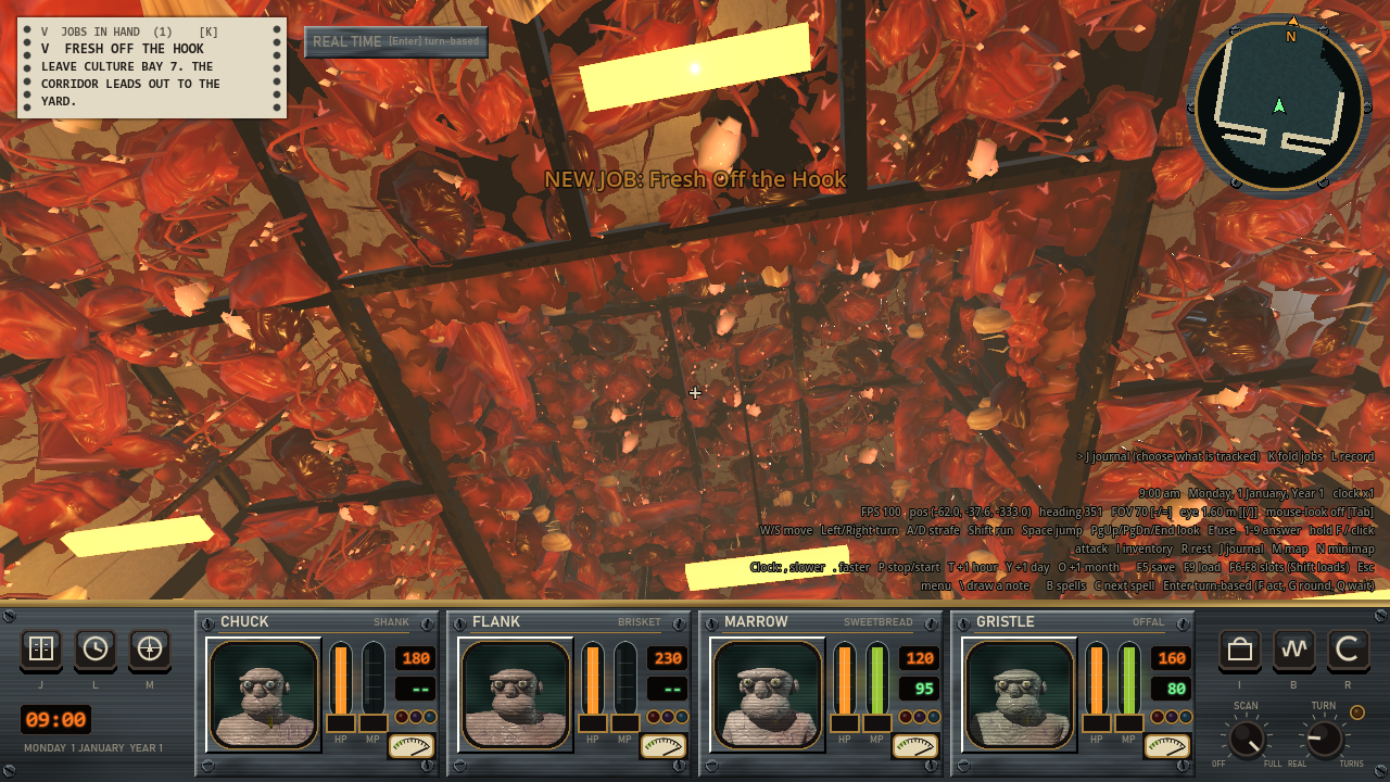 The same view up the shaft, now covered in red meat on all four sides and across the ceiling, with the dark frame of the panels still showing through.