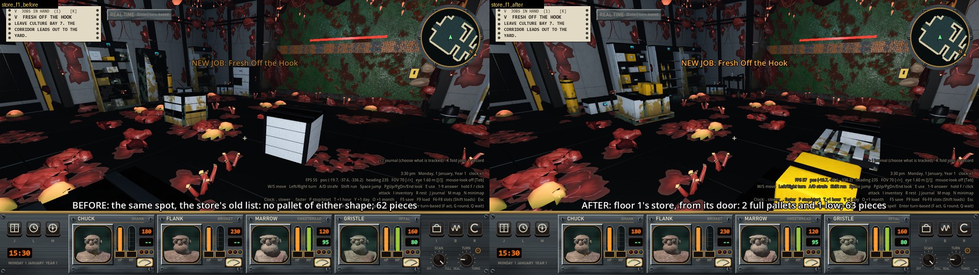 Two views of a store room with red meat growth on the floor. On the left there are boxes against the wall and no pallet. On the right there are two pallets, one carrying a yellow crate, in front of the same boxes.
