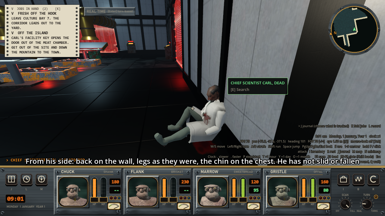 A man in a pale lab coat slumped on a dark floor with his back against a gray wall, his chin on his chest, a dark red stain on his coat and red on the floor under him, with a prompt over his head reading Chief Scientist Carl, dead.