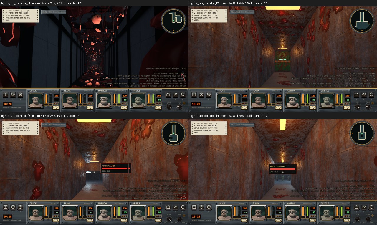 Four corridor views in a grid. The first is nearly black with red meat growths hanging from the ceiling, the second is dim and rusty, and the third and fourth have a working lamp so the corridor can be seen to its end.