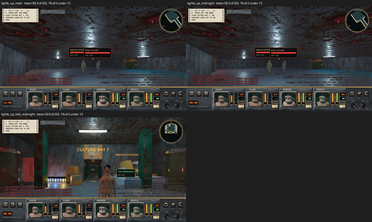Two matching views of a dim blue and rust room with two enemies in the middle distance, labeled noon and midnight, and a third picture of a lit hall with a sign reading Culture Bay 7.
