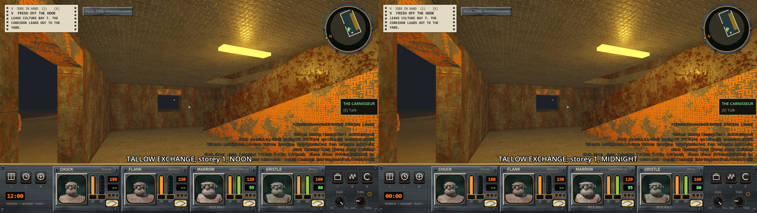 Two matching views of an orange rusty room with a strip lamp on the ceiling and a diagonal ramp, one labeled noon and one labeled midnight. A small dark window sits in the far wall.