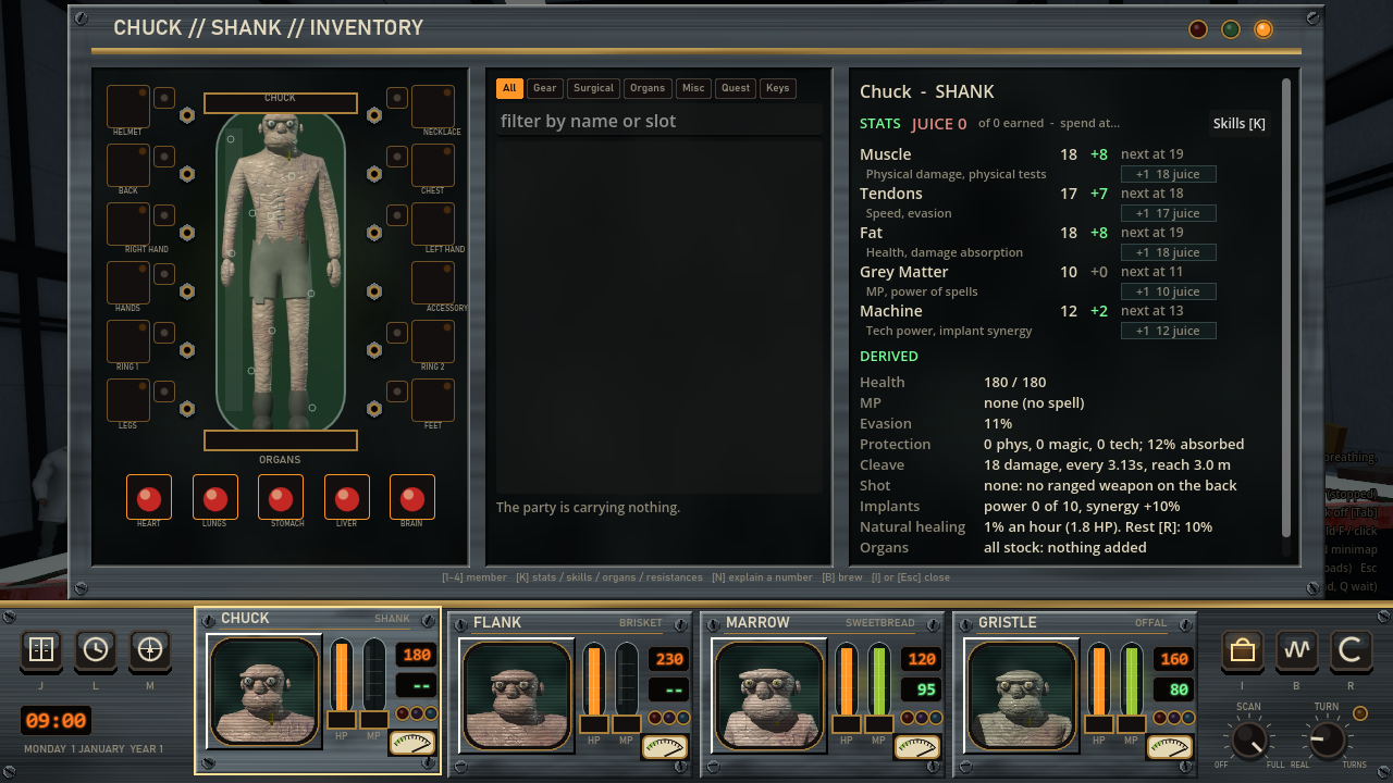 The game's inventory screen in a metal-framed window, with a character in a green tube surrounded by equipment slots on the left, an empty item list in the middle and a list of five stats and derived numbers on the right.