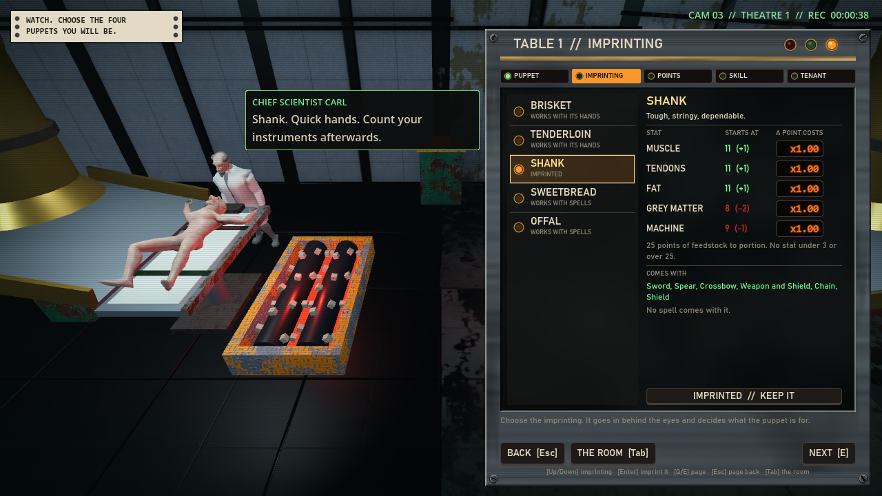 The same window on its Imprinting tab, listing five classes with Shank highlighted, and on the right Shank's starting stats, a column of price multipliers and the skills it comes with.