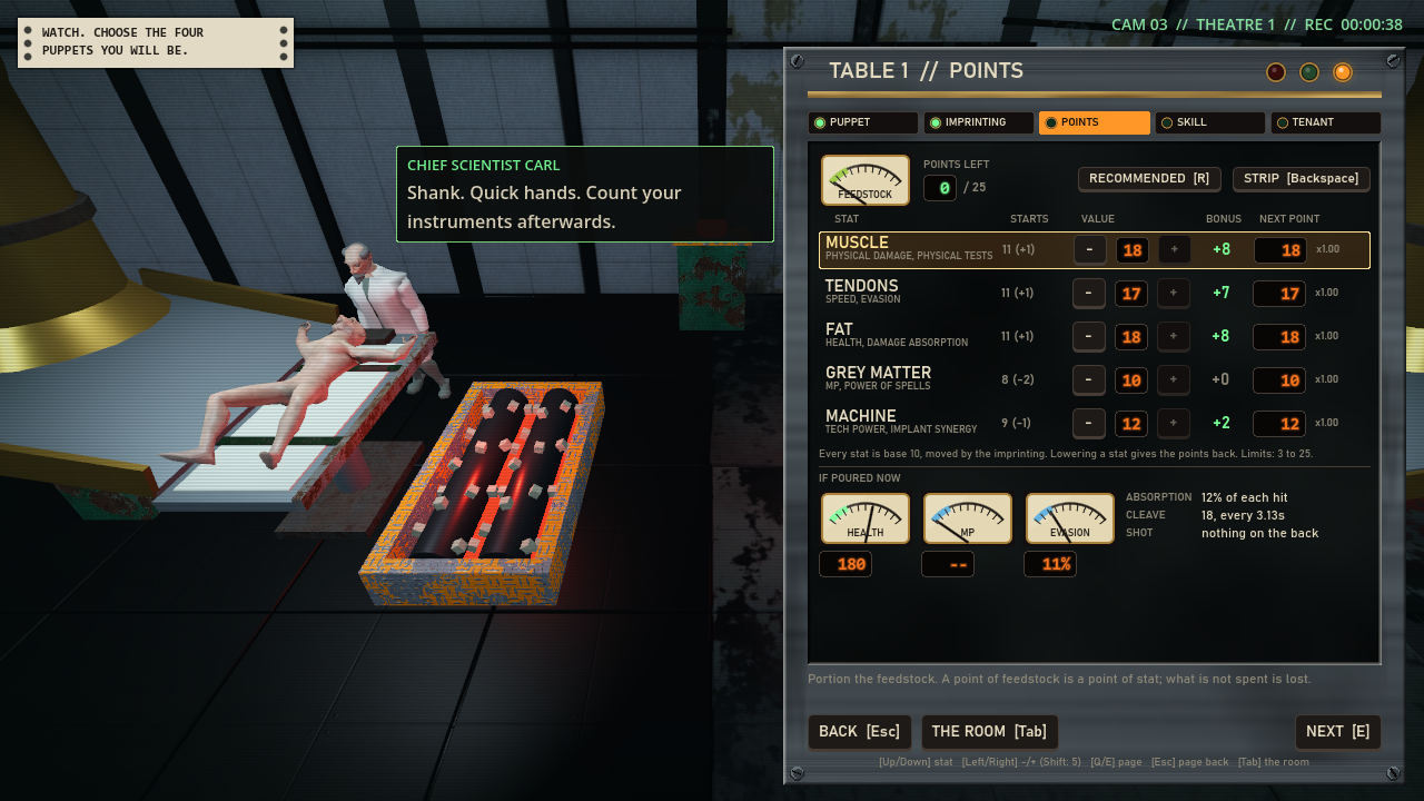 The window on its Points tab with a small feedstock gauge reading 0 of 25 points left, five stat rows with orange number readouts, and three dials for health, MP and evasion.