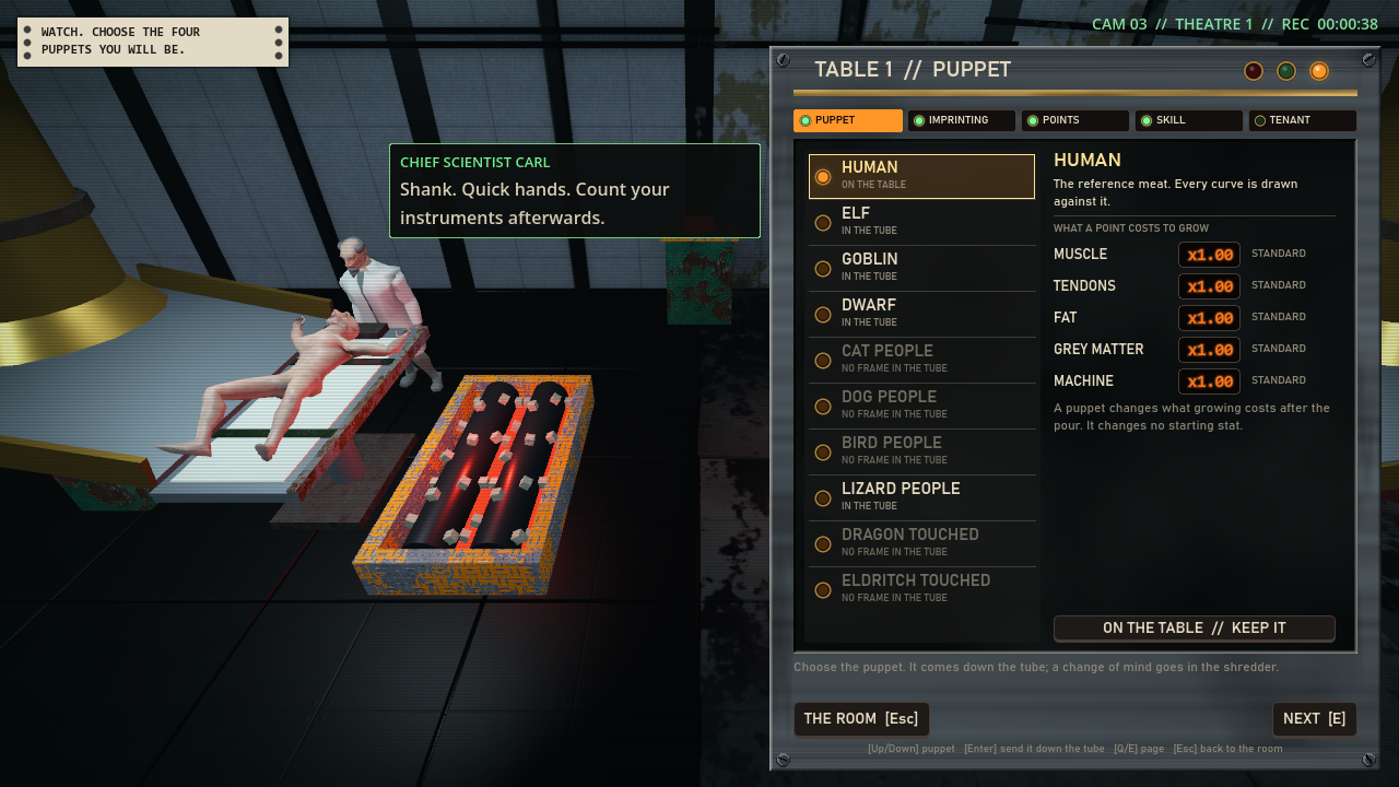 A dark room seen from above with a pale body on an operating table and a scientist behind it. On the right a metal-framed window titled Table 1, Puppet has five tabs, a list of ten races with five grayed out, and five orange multiplier readouts.