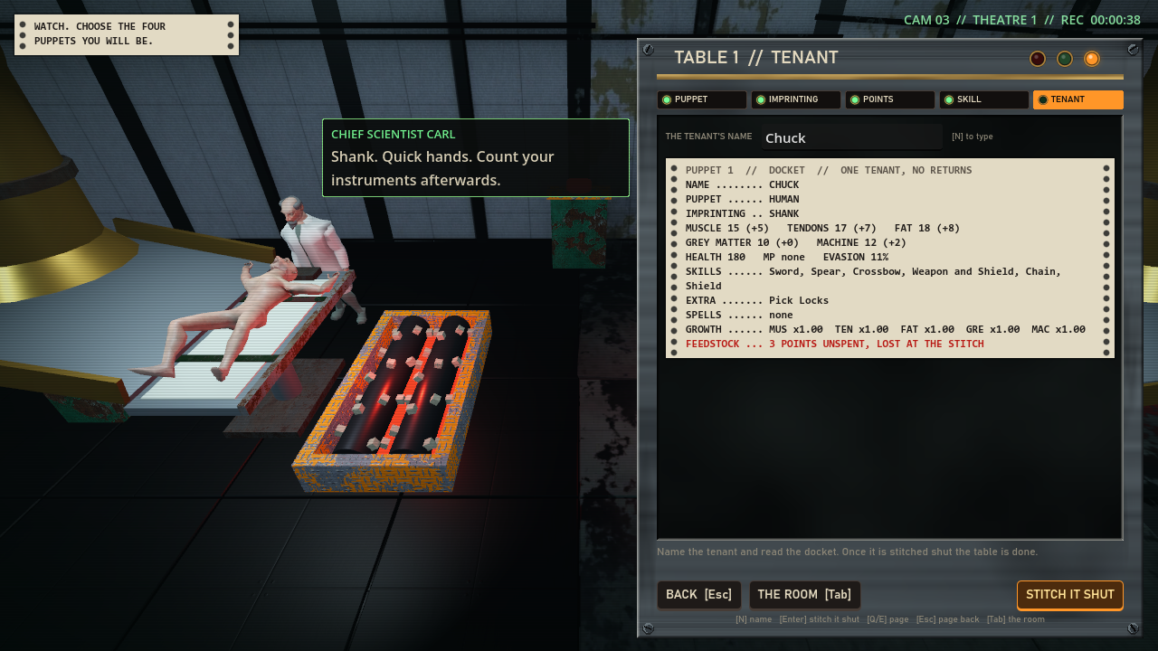The window on its Tenant tab with a name field reading Chuck and a cream paper printout listing the puppet's race, class, stats, skills and growth multipliers, ending in a red line about 3 unspent points.