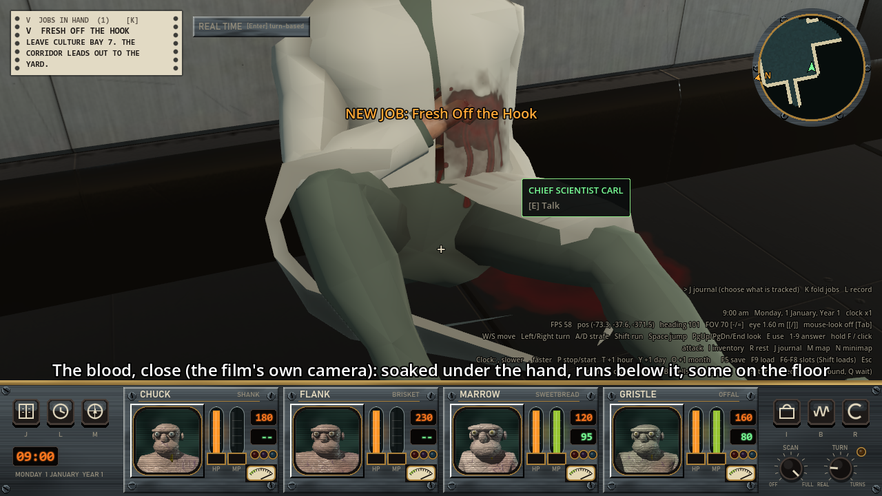 A man in a pale lab coat and green trousers sitting against a gray wall, a fist pressed to a dark red stain on his coat, the red running down it, with more red on the dark floor under his knee.