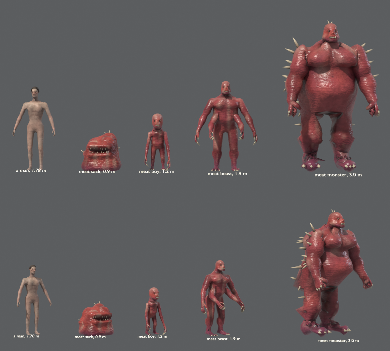 Two rows of four red, wet-looking monsters beside a pale man: a low sack with a toothed mouth, a thin boy with a big head and long clawed arms, a lean beast with a second pair of arms under the first, and a huge barrel-bodied giant with bone spikes on its back.