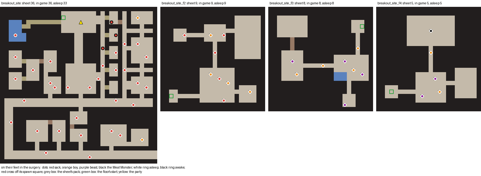 Four floor plans in beige on black with colored dots for monsters, labeled with how many are in the sheet and how many in the game.