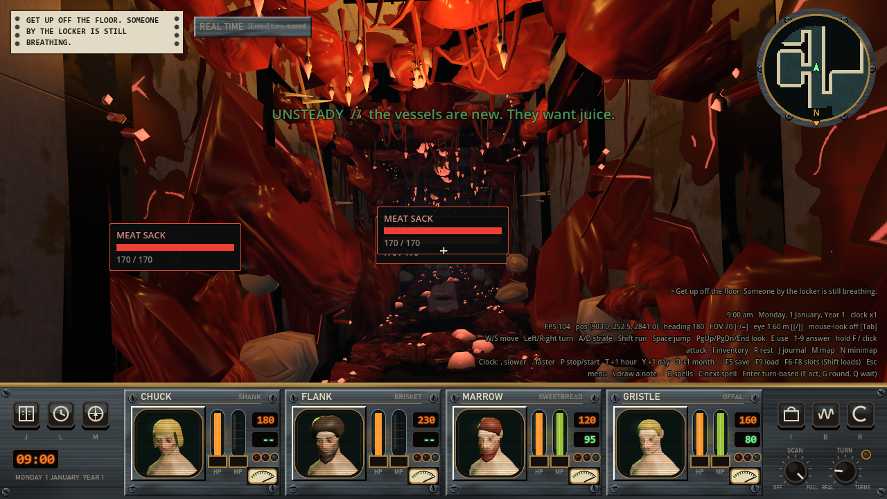 A first person view down a narrow corridor covered in red meat growth with two name and health bars for Meat Sacks in the middle.