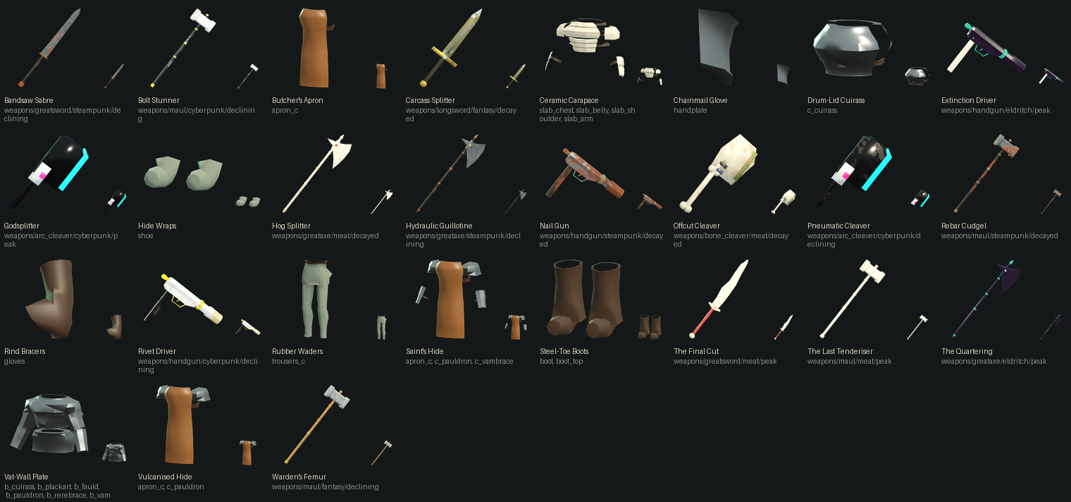 A grid of 27 small renderings of weapons and worn gear on a dark background, such as axes, mauls, handguns, boots, an apron and chest plates, each with a name and the model names under it.