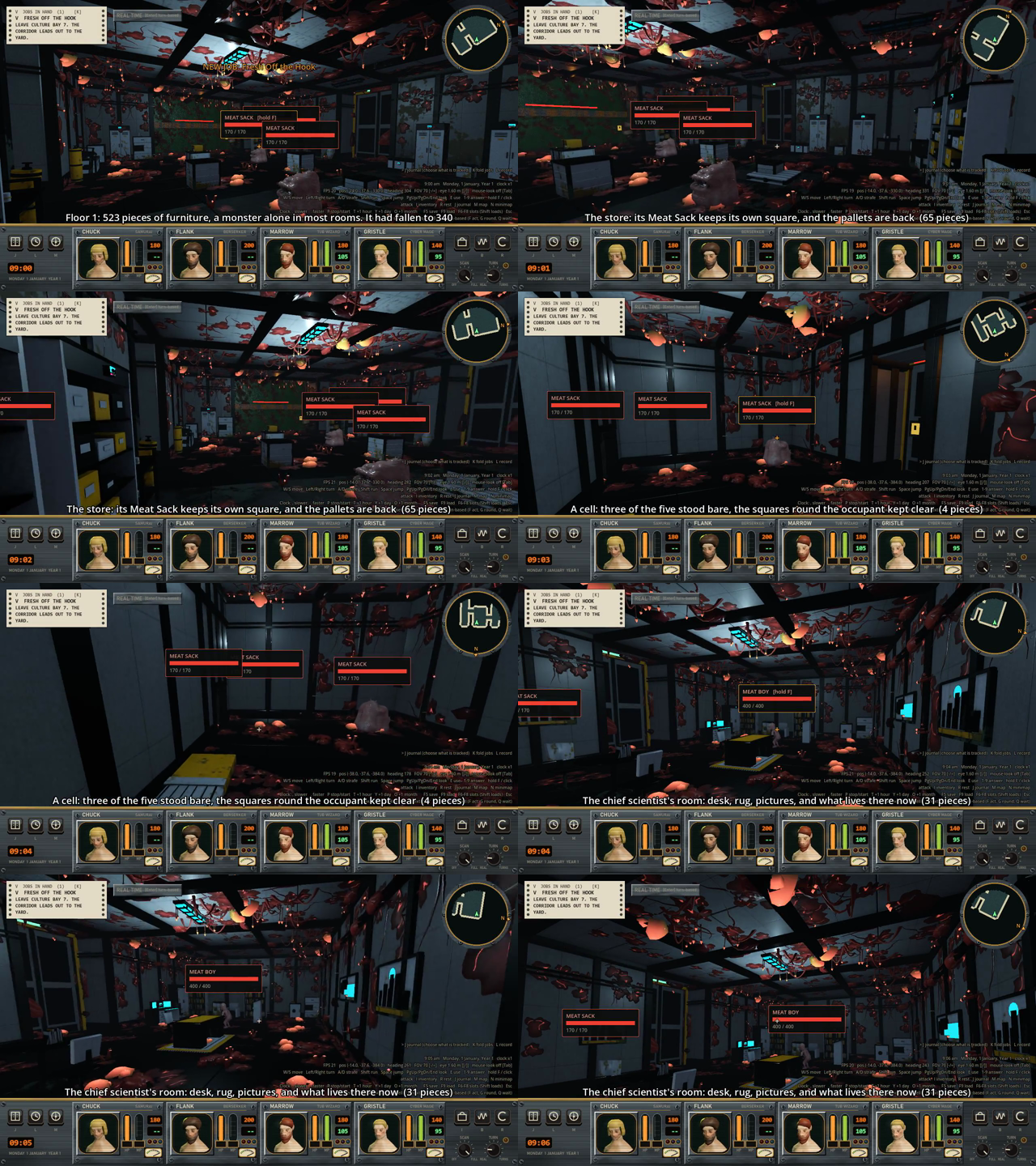 A grid of eight first-person views of dark industrial rooms with furniture, red meat growth on the ceiling and a health bar over each monster.