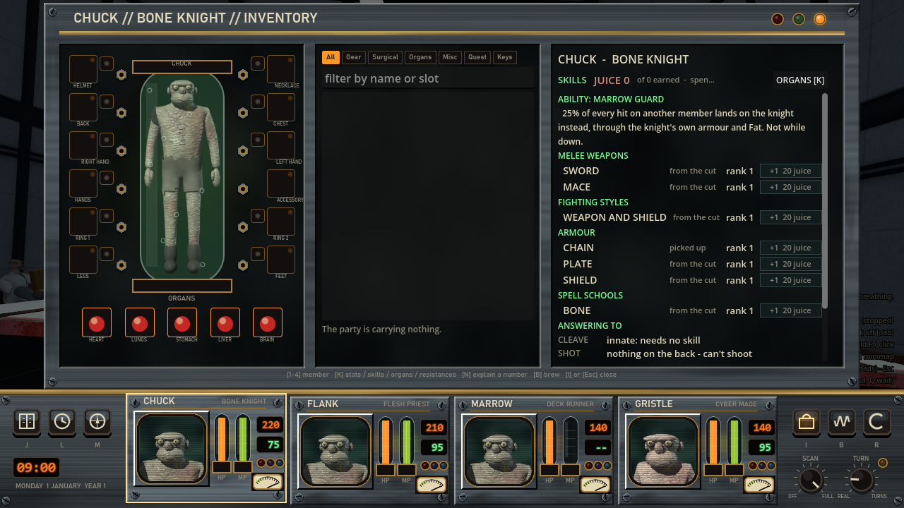 A character inventory screen titled Bone Knight, with an ability block at the top of the right column and a list of sword, mace, shield, armor and bone spell skills below it.