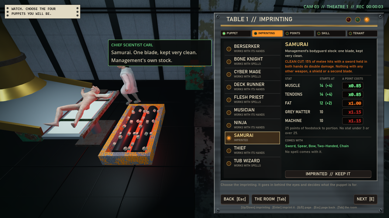 A creation screen with a list of ten classes, the Samurai selected, showing its ability text, five stats with their starting values and cost multipliers, and its starting skills.