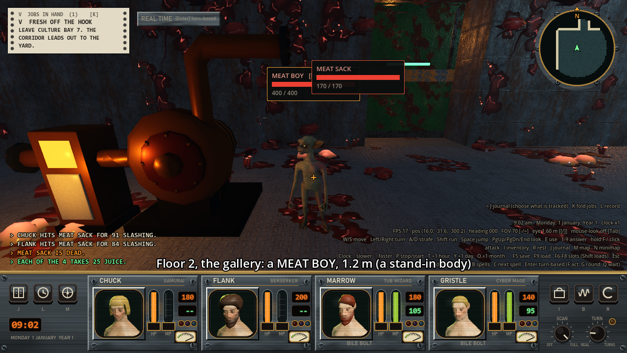 A first-person view of a dark industrial room with a pump, a thin goblin-shaped figure standing in the middle and two health bars above it labeled Meat Boy and Meat Sack.