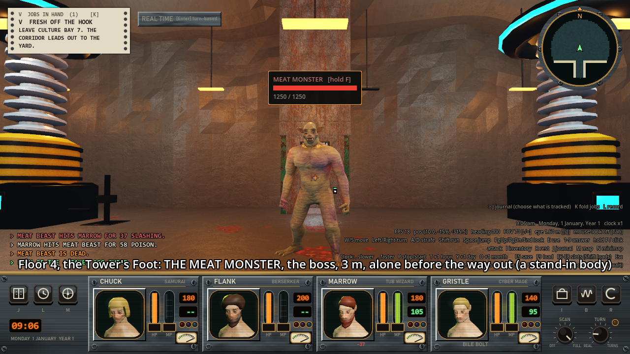 A first-person view of a tall room with coiled yellow and silver machines on both sides and a large muscular figure standing in the middle with a health bar of 1250 above it.