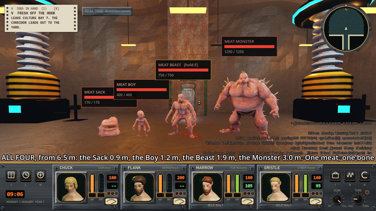 Four pale pink meat creatures in a row in a worn industrial room, from a low slab on the left to a huge muscular figure with spikes on the right, each with a health bar above it.