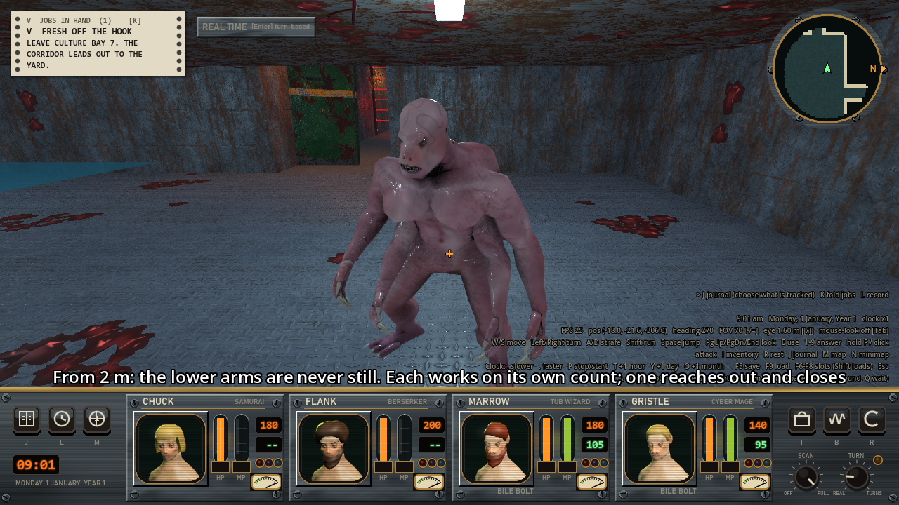 A first-person view of a pale, hunched, muscular humanoid with long arms ending in claws hanging at its sides.