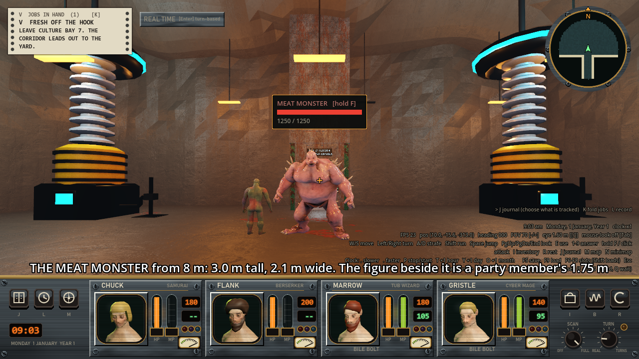 A very wide, pale, muscular creature with spikes along its shoulders and back standing in a room, next to a much smaller green humanoid figure.