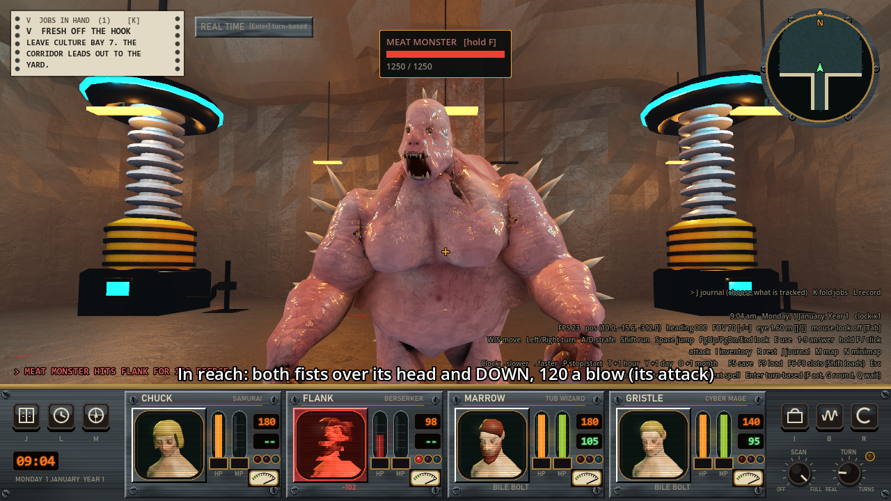 A huge pale creature with its mouth open and spikes on its shoulders, filling the screen, with a party member's portrait glowing red below it.