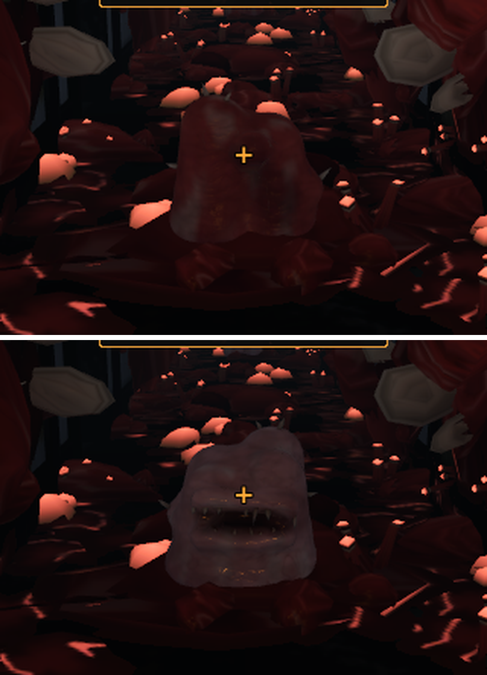 Two stacked views of the same dark red corridor with a slab-like meat creature in the middle. In the top view it is dark red and almost lost against the walls. In the bottom view it is pinkish gray with an open toothed mouth.