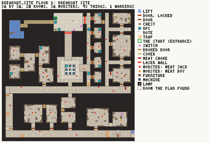 A floor plan in beige on dark rock with colored marks for doors, traps, chests, monsters and furniture, and a legend on the right.