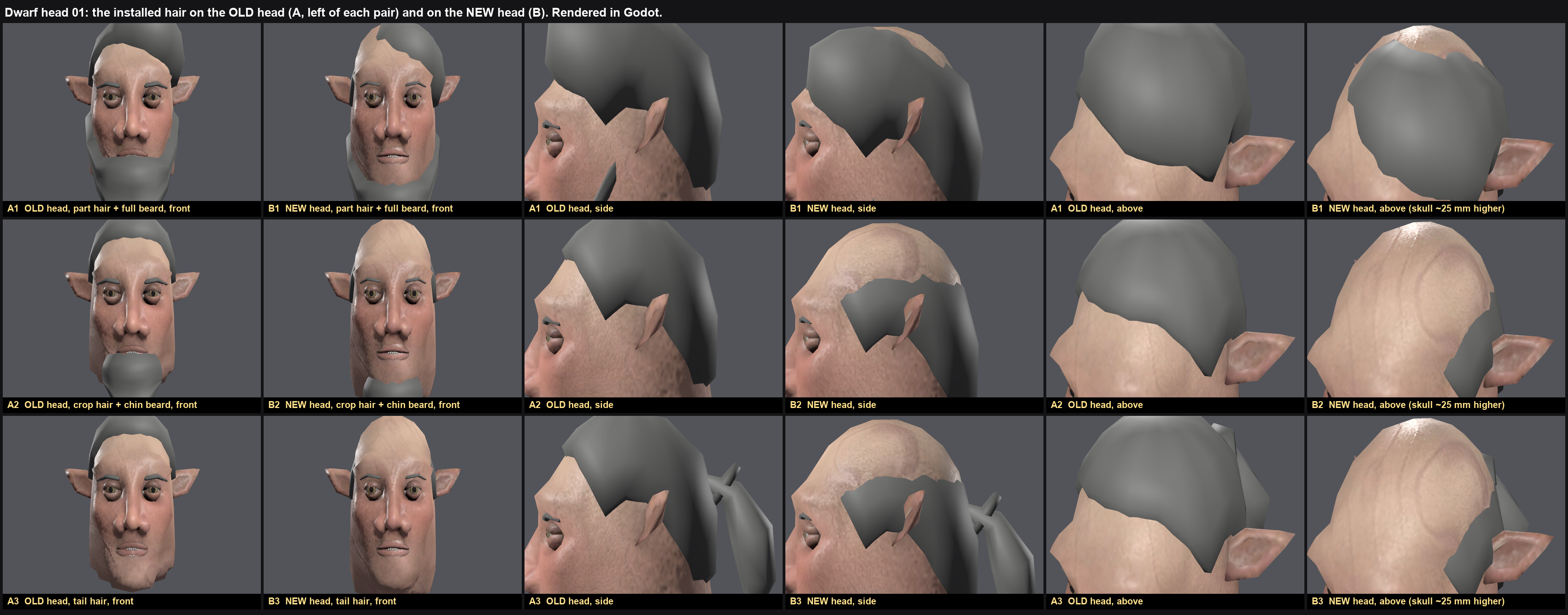 Three rows of dwarf heads, each shown from the front, the side and above. On the old heads the gray hair and beard sit snug on the skull. On the new heads the same hair floats and leaves bare skin showing on top.