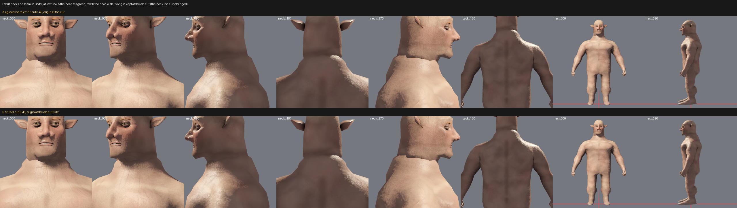 Two rows of the same dwarf neck and seam from front, three-quarter, side and back, plus the whole body, looking nearly identical.