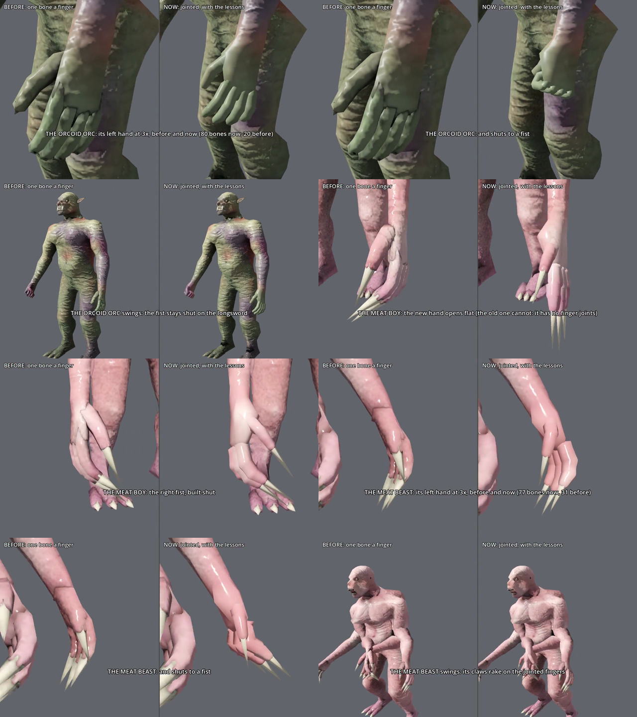 Pairs of close-ups of green orc hands and pink meat-monster hands with long claws. The left of each pair has stiff fingers fused in a block, the right has separate fingers that bend at joints.
