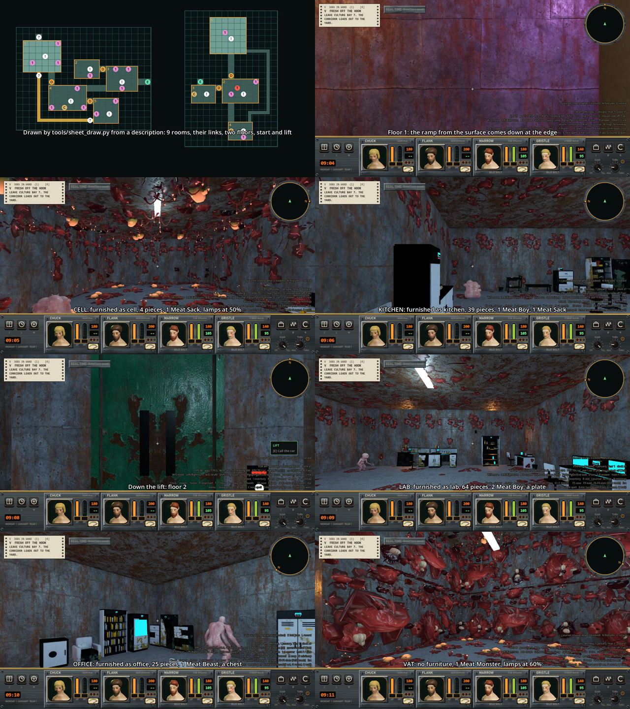 A contact sheet of eight frames. The first shows two floor plans of numbered rooms joined by corridors, with the start, doors and monsters marked. The others are first-person views of rooms with furniture and red meat growth on the walls.