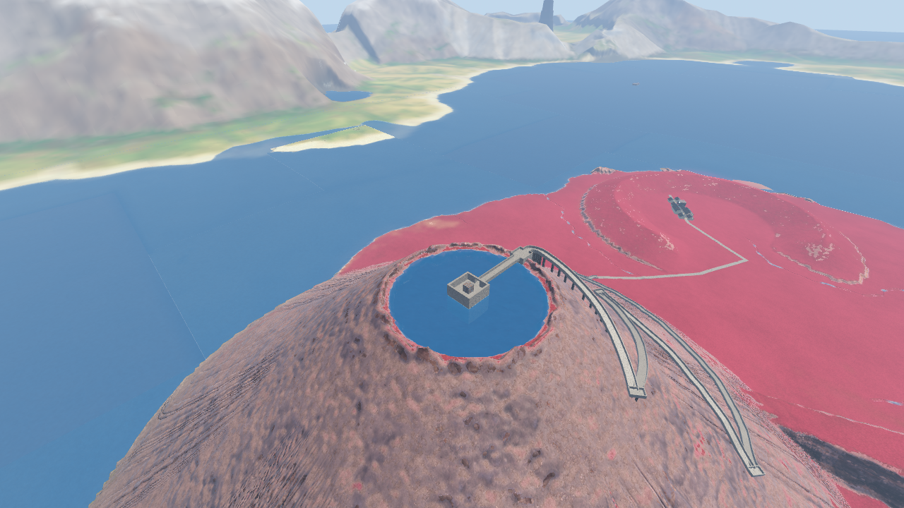A red-pink plain with a town in the distance, and in front a brown volcano with a round blue crater lake. A square concrete lift head stands in the lake, joined to the rim by a straight walkway, and the way down curves off the flank in three bands.