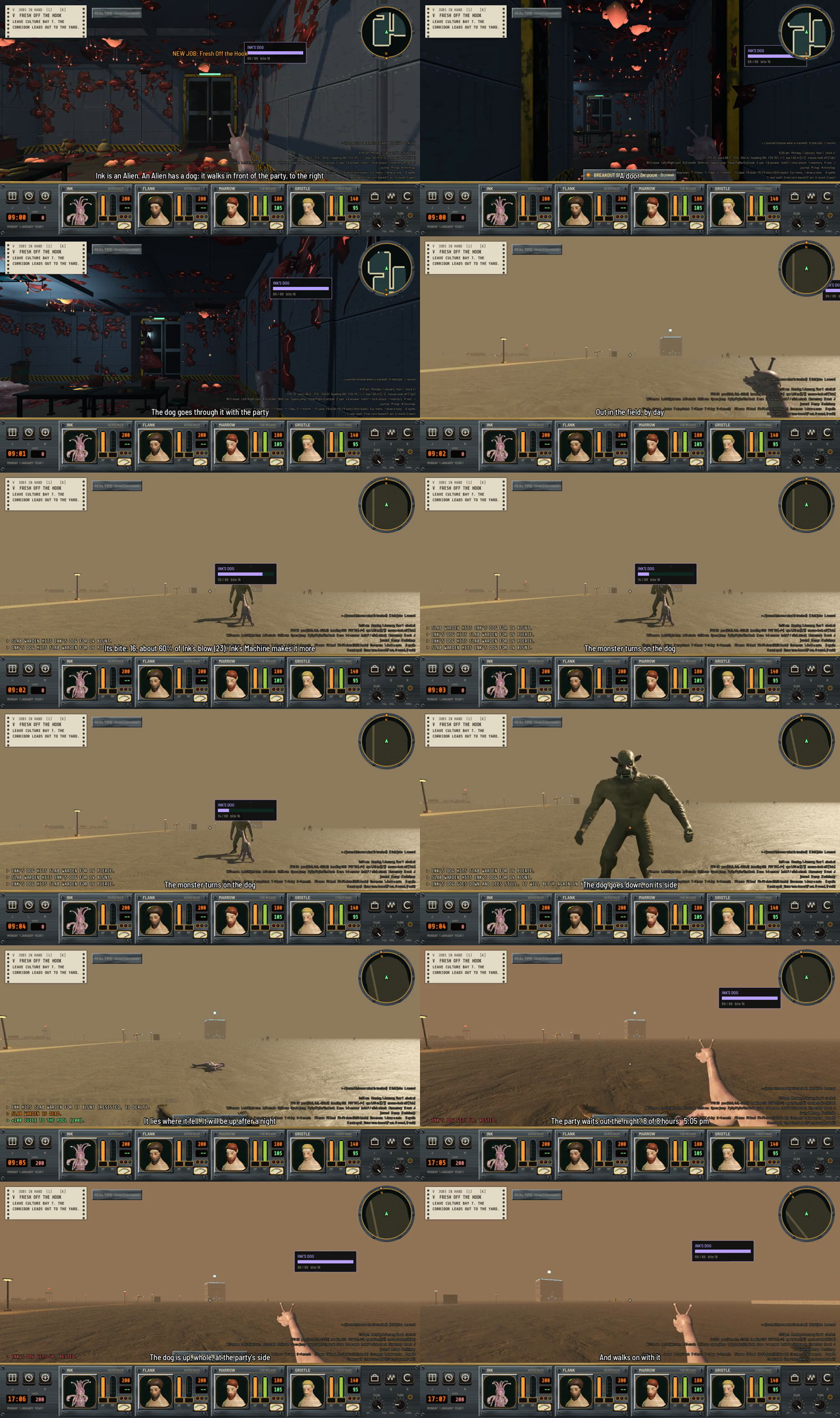 A contact sheet of twelve game frames with the party bar under each: a dark hall with a door, then a desert field where a small pink dog beside a large monster is bitten, lies on its side, and later stands again beside the party.