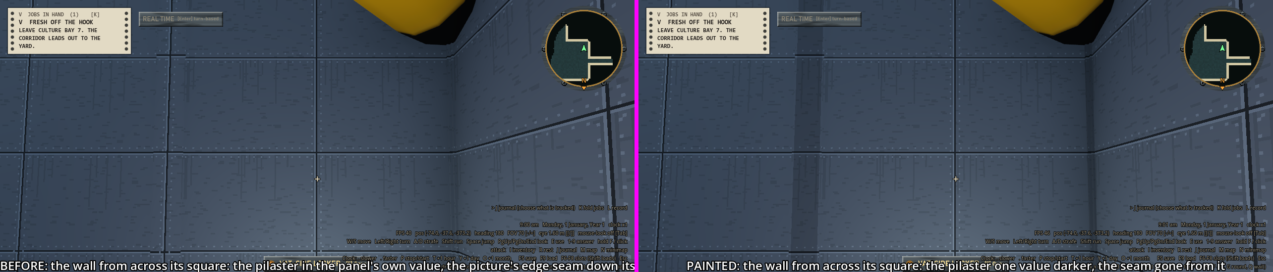 One wall seen from across its square. On the left the pilaster is the panel&rsquo;s value with the picture&rsquo;s edge seam down it. On the right it is one value darker and the seam is gone from it.