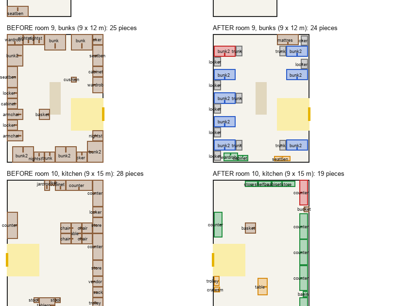Two plans of rooms side by side, old on the left and new on the right. In the new barracks, bunks stand in two ordered columns with a locker beside each and trunks at some feet. In the new kitchen, counters form a long line down the right wall.